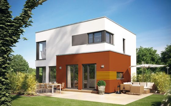 Einfamilienhaus Sunshine 113, Variante 8, von Living Haus. Ein Fertighaus mit Übereck-Panorama-Erker mit Flachdach
