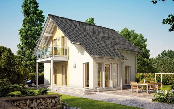 Einfamilienhaus Sunshine 113, Variante 2, von Living Haus. Ein Fertighaus mit Wintergarten-Erker und Rechteckbalkon