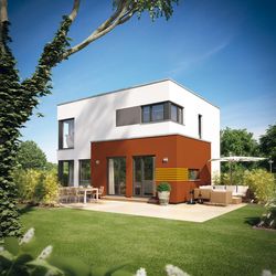 Einfamilienhaus Sunshine 113, Variante 8, von Living Haus. Ein Fertighaus mit Übereck-Panorama-Erker mit Flachdach
