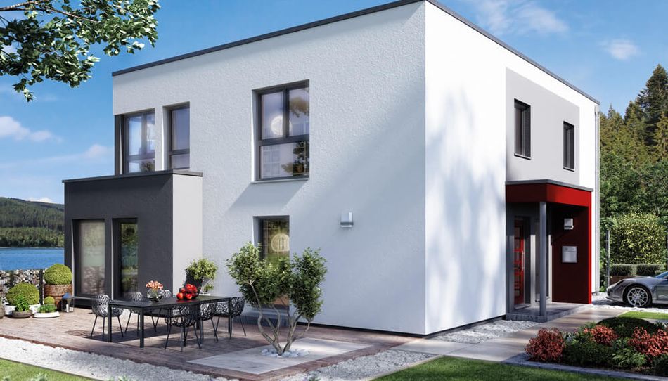 Zweifamilienhaus Solution 204, Variante 9, von Living Haus. Ein Fertighaus mit Übereck-Panorama-Erker Flachdach und Eingangsüberdachung L-Design 