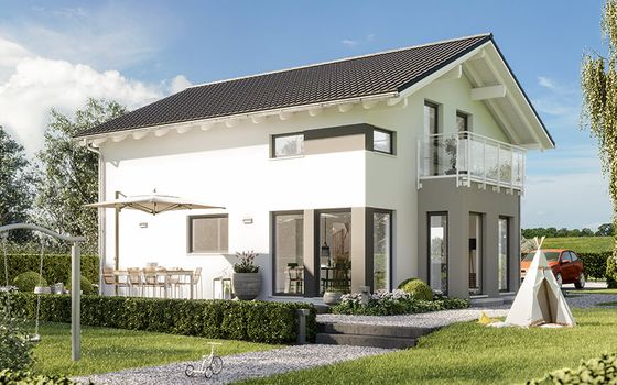 Einfamilienhaus Sunshine 136, Variante 4, von Living Haus. Ein Fertighaus mit Rechteck-Erker Traufseite 2 x Fassadenaufdopplung und Dachüberstand „Komfort“ 