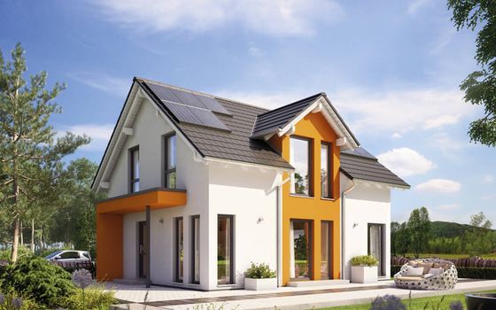 Einfamilienhaus Sunshine 125, Variante 3, von Living Haus. Ein Fertighaus mit Dachüberstand „Komfort“ Zwerchgiebel Satteldach und Eingangsüberdachung L-Design