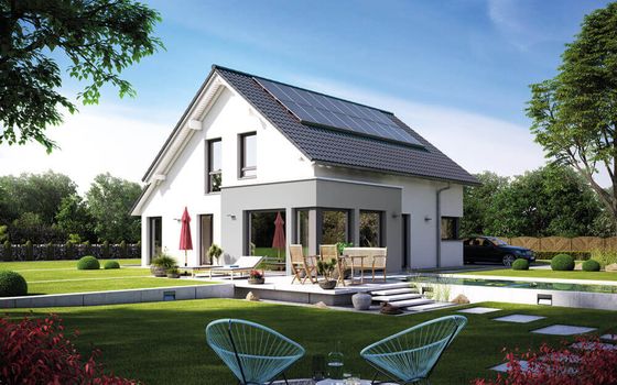 Einfamilienhaus Sunshine 143, Variante 3, von Living Haus. Ein Fertighaus mit Dachüberstand "Landhaus", Übereck-Panorama-Erker und Wintergarten-Eckerker 