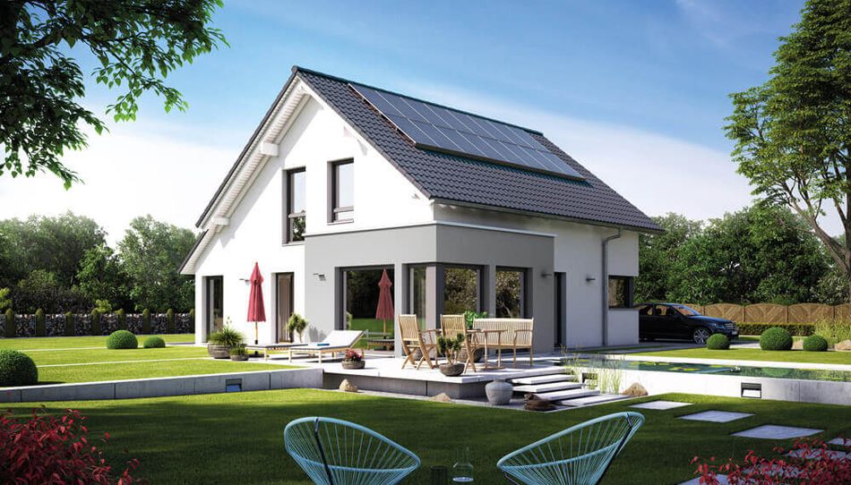 Einfamilienhaus Sunshine 143, Variante 3, von Living Haus. Ein Fertighaus mit Dachüberstand "Landhaus", Übereck-Panorama-Erker und Wintergarten-Eckerker 