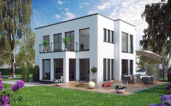 Einfamilienhaus Sunshine 144, Variante 7, von Living Haus. Ein Fertighaus mit Wintergartenerker mit Balkon und 2-geschossiger Panorama-Erker 