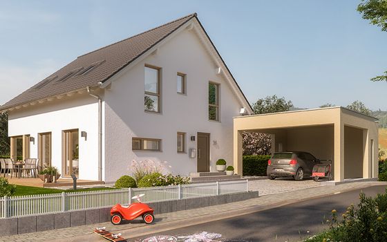 Einfamilienhaus Sunshine 167, Variante 3, von Living Haus. Ein Fertighaus mit Carport „Modern Art“ und Dachüberstand „Komfort“ 