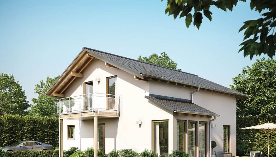 Einfamilienhaus Sunshine 151, Variante 4, von Living Haus. Ein Fertighaus mit Wintergarten-Erker mit Pultdach, Rechteckbalkon und Dachüberstand „Komfort L“ 